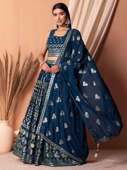 Odette - Blue Embellished Lehenga with Unstitched Blouse and Dupatta (Set of 3)
