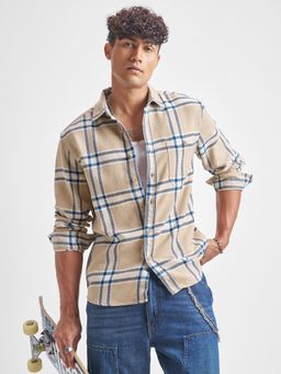 HIGHLANDER - Men Beige Dobby Checked Relaxed Overshirt