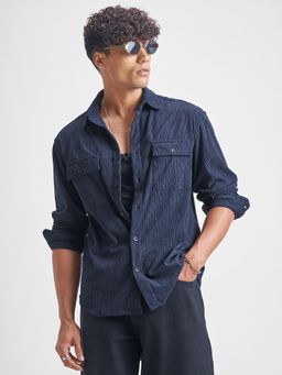 HIGHLANDER - Men Navy Blue Corduroy Textured Utility Pocket Relaxed Shirt