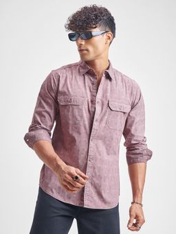 HIGHLANDER - Men Pink Jacquard Textured Cuban Collar Relaxed Shirt