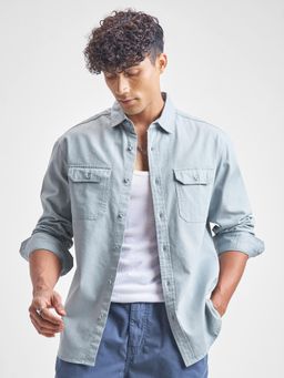 HIGHLANDER - Men Blue Dobby Textured Utility Pocket Relaxed Shirt