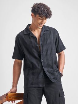 HIGHLANDER - Men Black Lino Jacquard Cuban Collar Relaxed Fit Shirt