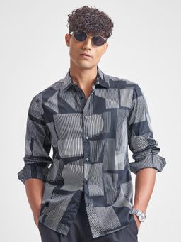 HIGHLANDER - Men Navy Blue Premium Satin Printed Slim Fit Shirt