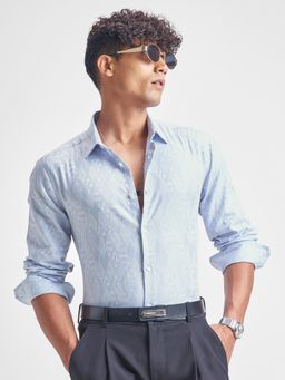 HIGHLANDER - Men Blue Jacquard Textured Slim Fit Shirt