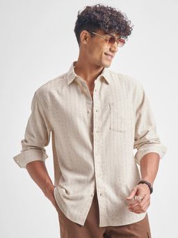 HIGHLANDER - Men Beige Lyocell Space Dyed Striped Relaxed Shirt
