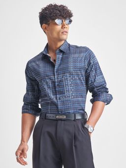 HIGHLANDER - Men Navy Blue Premium Satin Printed Slim Fit Shirt