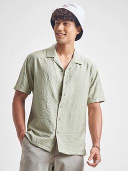 HIGHLANDER - Men Green Jacquard Cuban Collar Relaxed Shirt