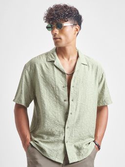 HIGHLANDER - Men Green Jacquard Cuban Collar Relaxed Shirt