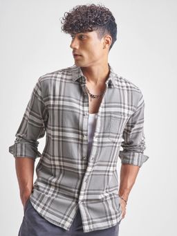HIGHLANDER - Men Grey Dobby Checked Casual Slim Fit Shirt
