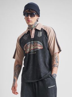 HIGHLANDER - Men Black Oversized Drop Shoulder Polo T-shirt