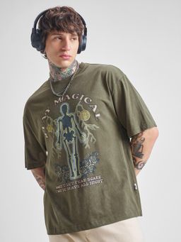 HIGHLANDER - Men Olive Round Neck Oversized Drop Shoulder Graphic T-shirt