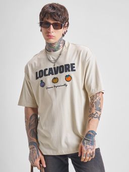 HIGHLANDER - Men Cream Round Neck Oversized Drop Shoulder Graphic T-shirt