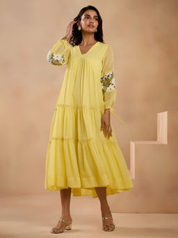 Gajra Gang - Lavendare Lemon Yellow V Neck Cutwork Detail Tiered Dresses GGDRS26