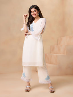 Gajra Gang - Lavendare White Oneide Shoulder Embroidered Kurta GGKUR28