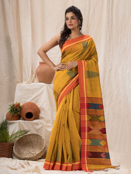 Angoshobha - Yellow Cotton Blended Temple Border Jamdani Saree with Unstitched Blouse