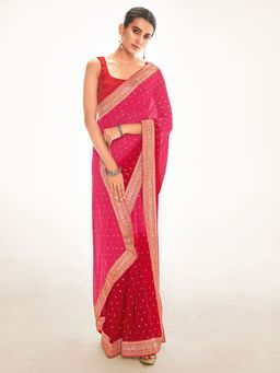 Odette - Womens Silk Blend Pink Embellished Saree with Unstitched Blouse