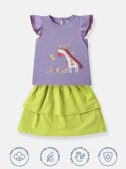 Nautinati - Girl Purple Ruffle Sleeve Graphic Printed Top & Tiered Skirt (Set of 2)