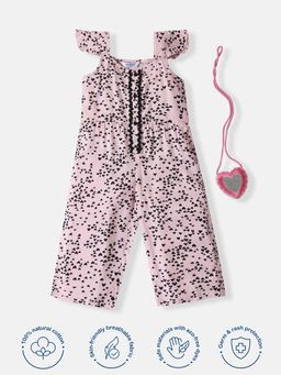 Nautinati - Girl Pink Cotton Heart Printed Jumpsuit with Sling Bag (Set of 2)