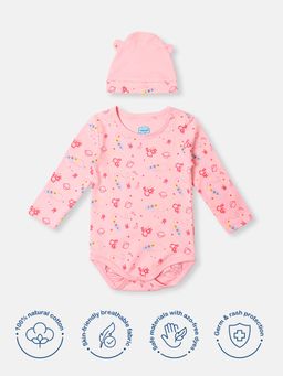 Nautinati - Infant Pink Cotton Interlock Space Print Romper with Beanie (Set of 2)