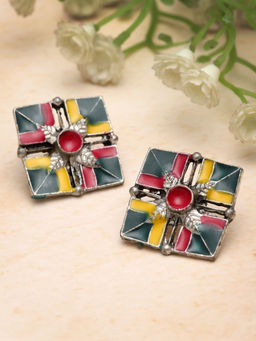 Moedbuille - Multi-Color Brass Silver Plating Meenakari Earrings