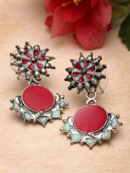 Moedbuille - Red Brass Silver Plating Meenakari Earrings