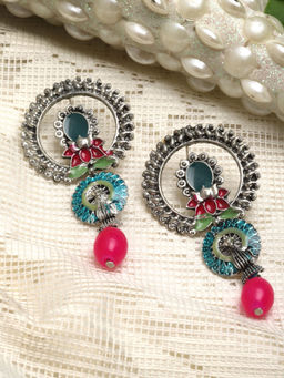 Moedbuille - Pink Brass Silver Plating Meenakari Earrings