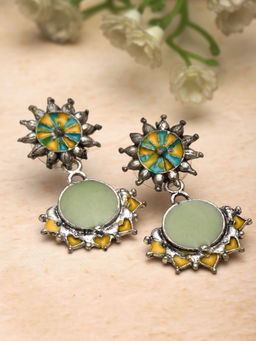 Moedbuille - Green Brass Silver Plating Meenakari Earrings