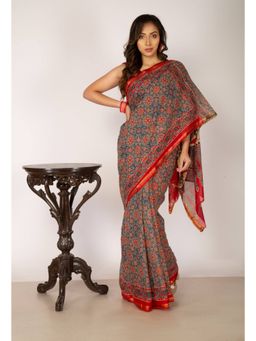 Unnati Silks - Red Pure Ajrakh Mulmul Cotton Saree with Unstitched Blouse