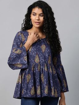 Yufta - Navy Blue & Beige Printed A-Line Tunic