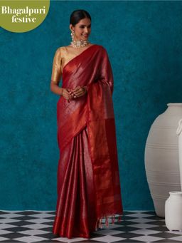 Likha - Red Linen Woven Bhagalpuri Festive Zari Saree & Unstitched Blouse LIKSAR53 (Free Size)