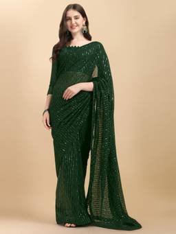 Amrutam Fab - Women's Georgette Sequence Embroidered Green Saree with Unstitched Blouse