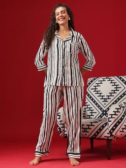 Clovia - Sassy Stripes Button Me Up Shirt & Pyjama - Cotton Rich - White