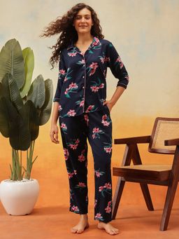 Clovia - Pretty Florals Button Me Up Shirt & Pyjama Set - Crepe - Blue