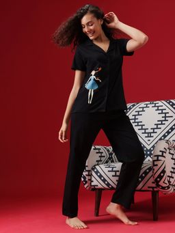 Clovia - Cotton Printed Button Down Shirt & Pyjama Set-black