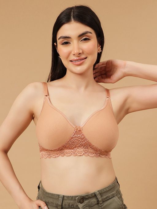 Clovia Lightly Padded Non-Wired Full Coverage Spacer Cup T-Shirt Bra In Nude Colour - Cotton
