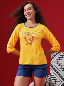 Clovia - Graphic And Text Print Top & Chic Basic Shorts - Cotton -Yellow