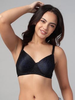 Clovia - Lace Printed Padded Full Cup Wire Free Full Figure Bra - Black