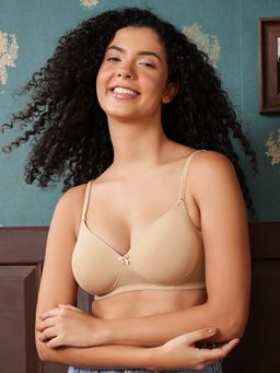 Clovia - Polyamide Lightly Padded Full Cup Wire Free T-Shirt Bra - Beige