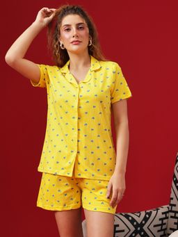 Clovia - Cotton Graphic Shirt & Shorts Yellow (Set of 2)