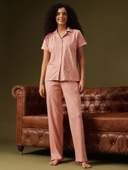 Clovia - Peach Cotton Printed Shirt and Pyjama (Set of 2)