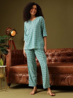 Clovia - Green Rayon Printed Top and Pyjama (Set of 2)