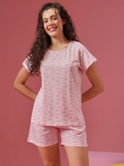 Clovia - Pink Cotton Printed Top and Shorts (Set of 2)