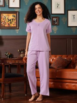 Clovia - Lavender Cotton Solid Top and Pyjama (Set of 2)