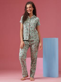 Clovia - Cotton Printed Shirt And Pyjama Green (Set of 2)