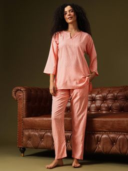 Clovia - Rayon Printed Top And Pyjama Peach (Set of 2)