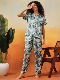 Clovia - Satin Printed Shirt And Pyjama Green (Set of 2)