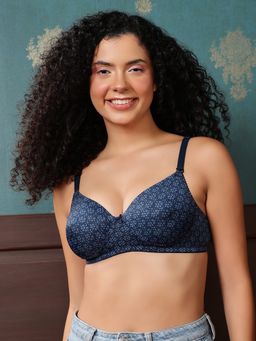 Clovia - Padded Non-Wired Full Coverage Floral Print Multiway T-shirt Bra (Navy Blue)