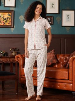 Clovia - Cotton Printed Button-Down Shirt and Pyjama (White) (Set of 2)