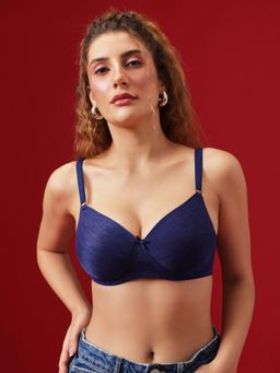 Clovia - Padded Non-Wired Full Coverage Printed T-Shirt Bra Navy Blue