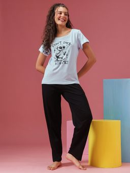 Clovia - Blue Cotton Printed Top and Pyjama